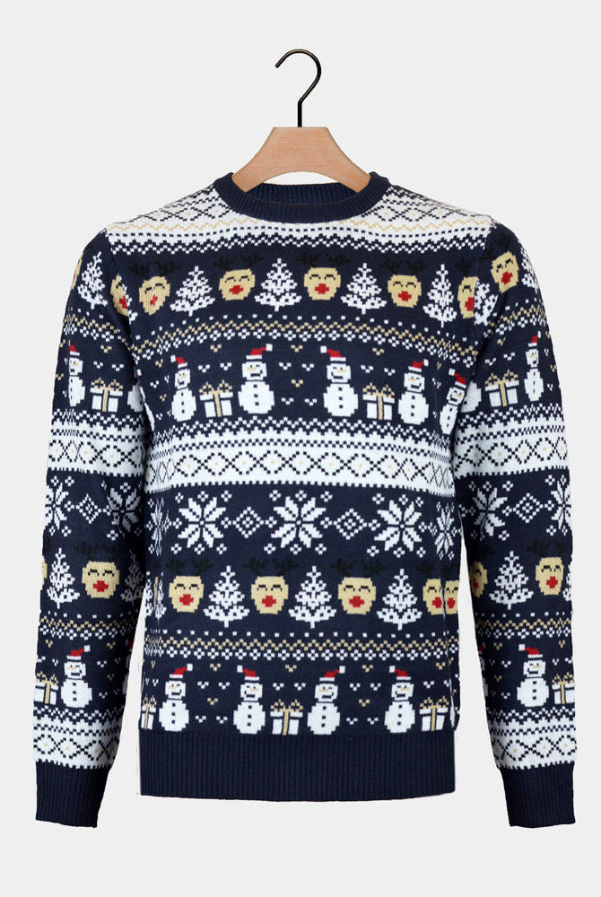 Suéter de Navidad Azul Mujer Muñecos de Nieve y Cenefas