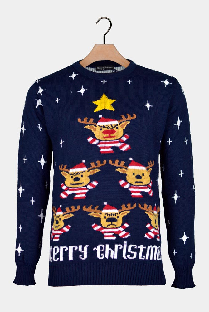 sueter de Navidad Azul Renos para Hombre Árbol de Navidad y Estrella