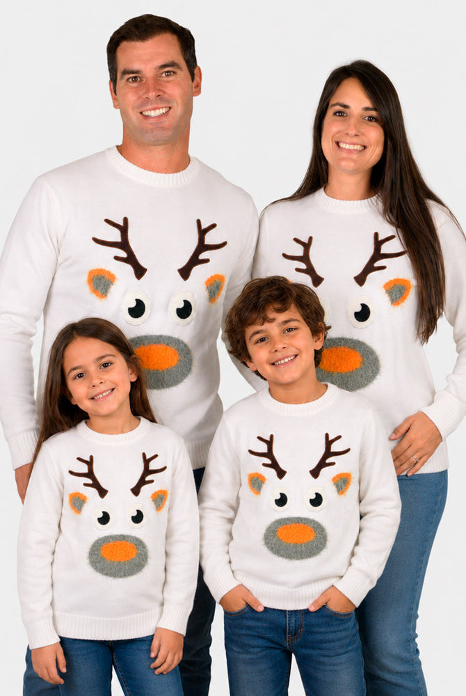 Suéter de Navidad Blanco con Reno 3D familia