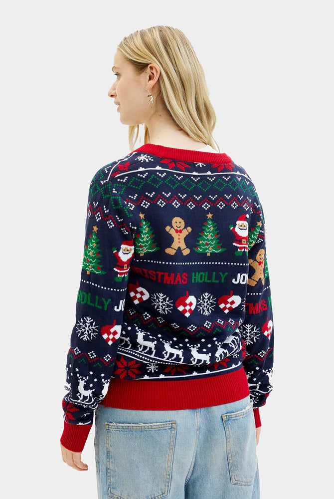 Mujer Suéter de Navidad Cárdigan Azul y Rojo