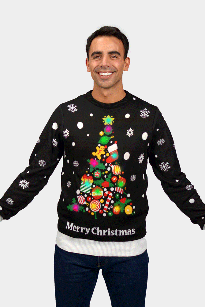 Suéter de Navidad con Luces LED para Hombre con Árbol de Navidad Negro