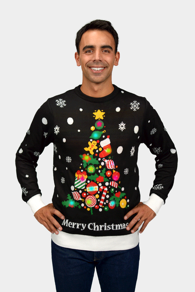 Suéter de Navidad con Luces LED para Hombre Negro con Árbol de Navidad
