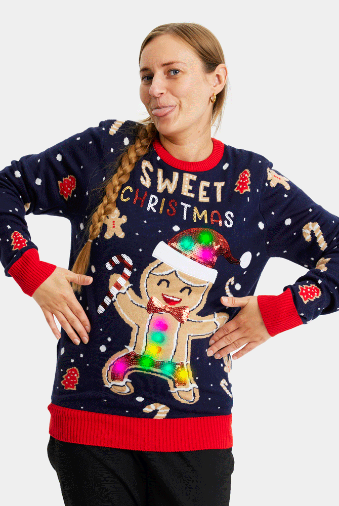 Suéter de Navidad con Luces LED para Familia Azul Ginger Cookie Mujer