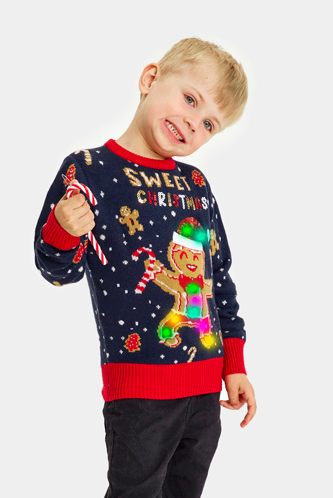 Suéter de Navidad con Luces LED para Familia Azul Ginger Cookie Niño