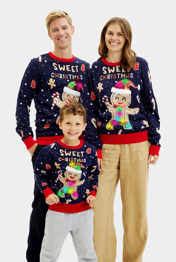 Suéter de Navidad con Luces LED para Familia Azul Ginger Cookie