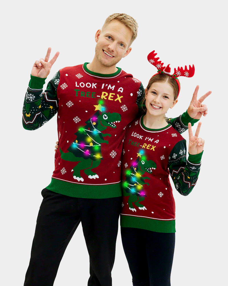 Suéter de Navidad Familia Luces LED para Hombre Christmas Tree-Rex