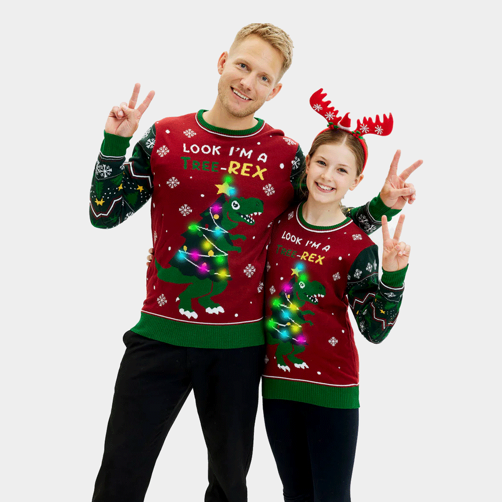 Suéter de Navidad Familia Luces LED para Hombre Christmas Tree-Rex