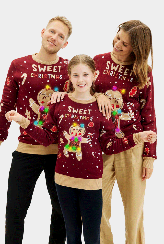 Suéter de Navidad Familia Luces LED para Niña y Niño Rojo Ginger Cookie