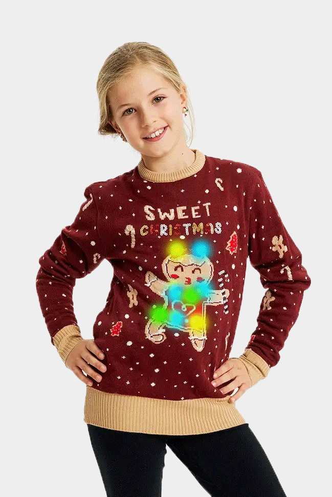 Suéter de Navidad con Luces LED para Familia Rojo Ginger Cookie niña