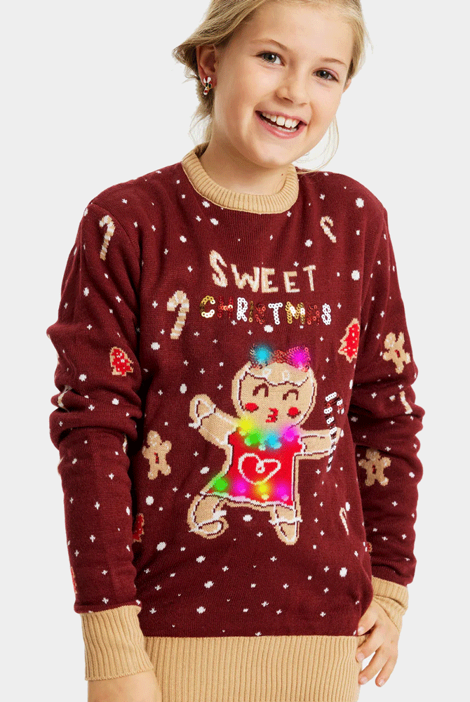 Suéter de Navidad con Luces LED Ginger Cookie Niña Rojo