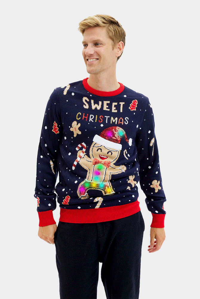 Suéter de Navidad con Luces LED para Hombre Azul Ginger Cookie
