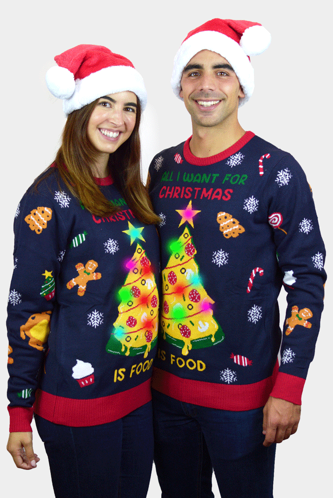 Suéter de Navidad con Luces LED para Hombre Christmas Food pareja
