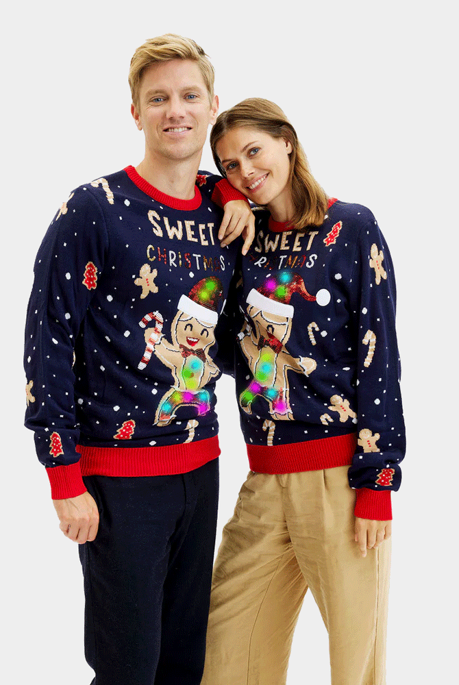 Suéter de Navidad con Luces LED Mujer Hombre Azul Ginger Cookie