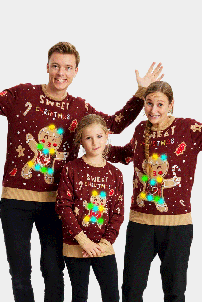 Suéter de Navidad con Luces LED para Hombre Rojo Ginger Cookie Familia