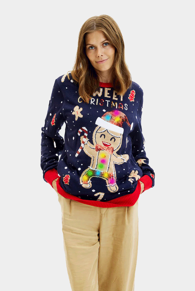 Suéter de Navidad con Luces LED para Mujer Azul Ginger Cookie
