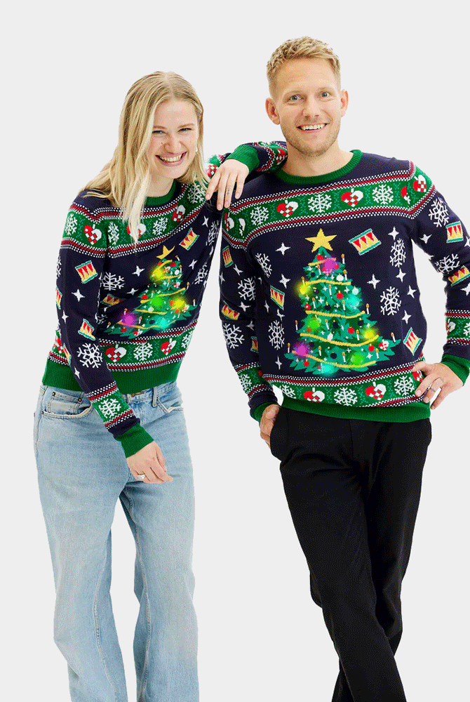Suéter de Navidad con Luces LED para Mujer Azul Hombre Árbol Navidad