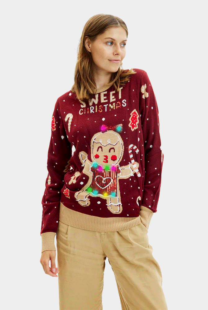 Suéter de Navidad con Luces LED Mujer Parejas Rojo Ginger Cookie