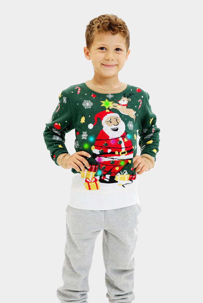 Suéter de Navidad Luces LED Niño Papá Noel hecho un Lío