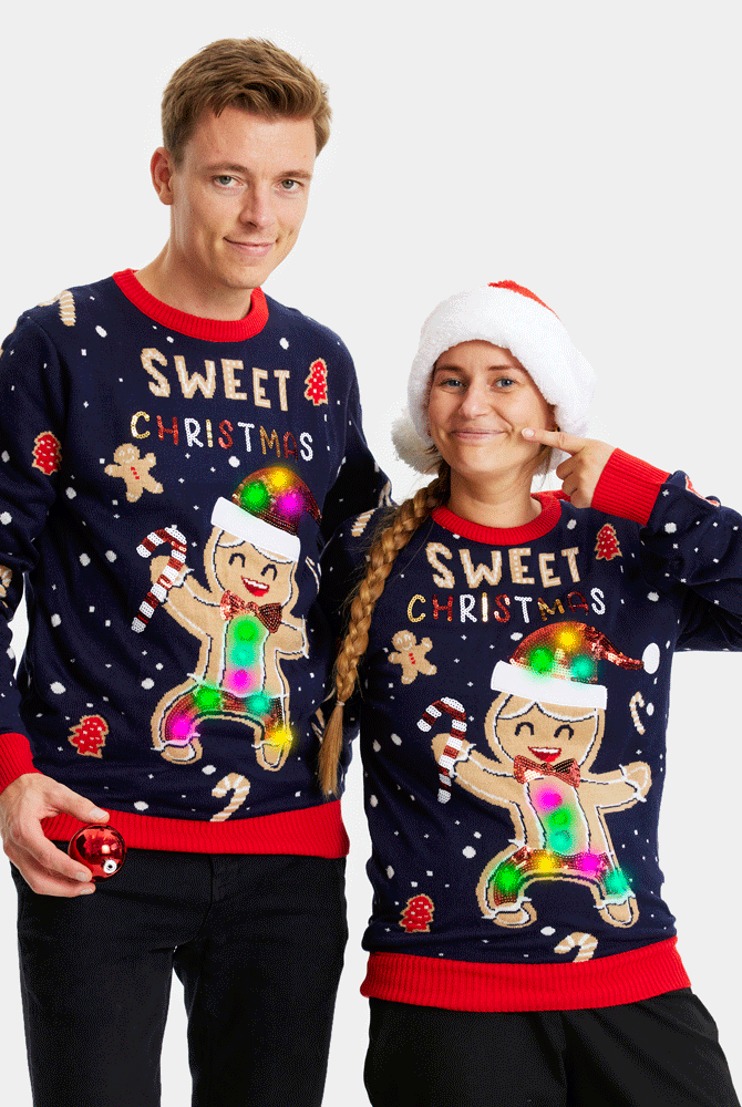 Suéter de Navidad con Luces LED para Mujer Y Hombre Azul Ginger Cookie