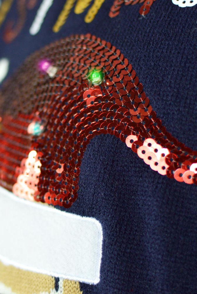 Suéter de Navidad con Luces LED Parejas Azul Ginger Cookie Detalle Gorro