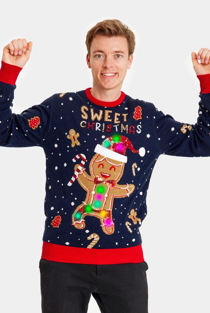 Suéter de Navidad con Luces LED Parejas Azul Ginger Cookie Hombre