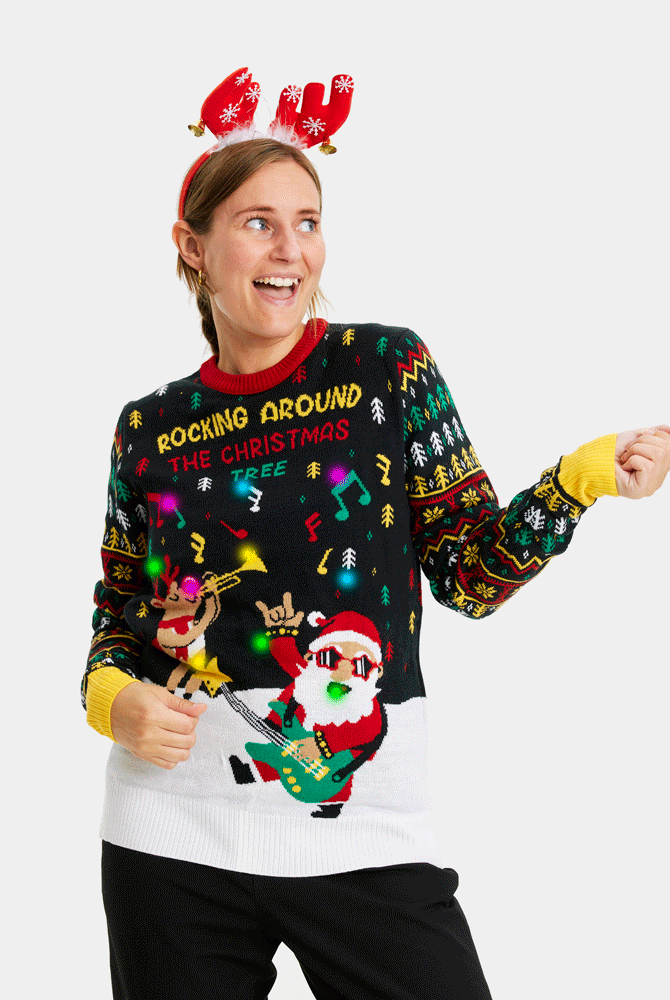 Suéter de Navidad con Luces LED Parejas Santa Mujer Rockero