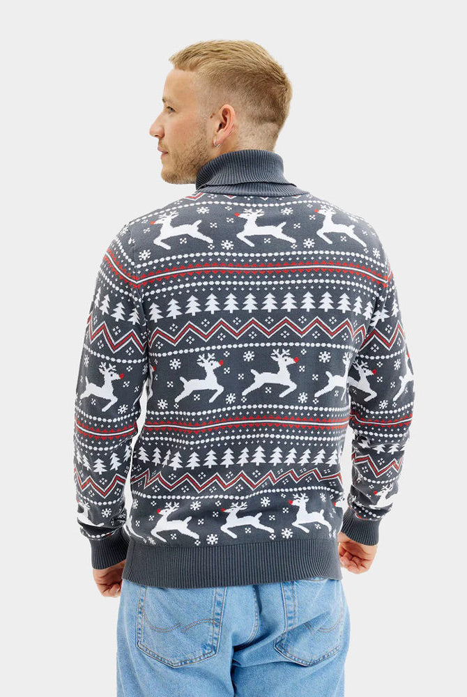Suéter hombre Navidad de cuello alto Gris con Renos Algodón Orgánico