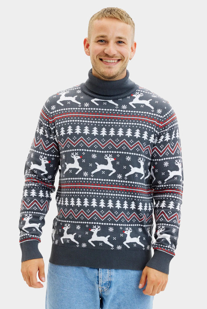 Suéter de Navidad de cuello alto para Hombre Gris con Renos Algodón Orgánico