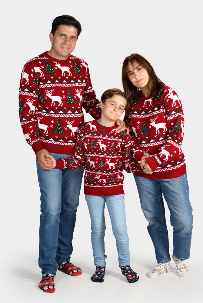 Suéter de Navidad Familia Rojo Árboles de Navidad y Renos