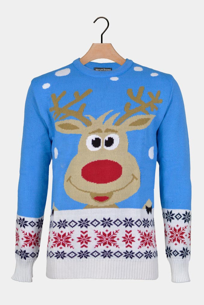 Suéter de Navidad Familia Azul Claro Reno Nieve
