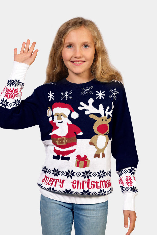 Suéter de Navidad Familia Azul Papá Noel Reno Rudolph Algodón Orgánico