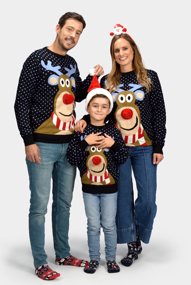 Suéter de Navidad para Familia Azul Reno Rodolfo con Nariz Roja en 3D