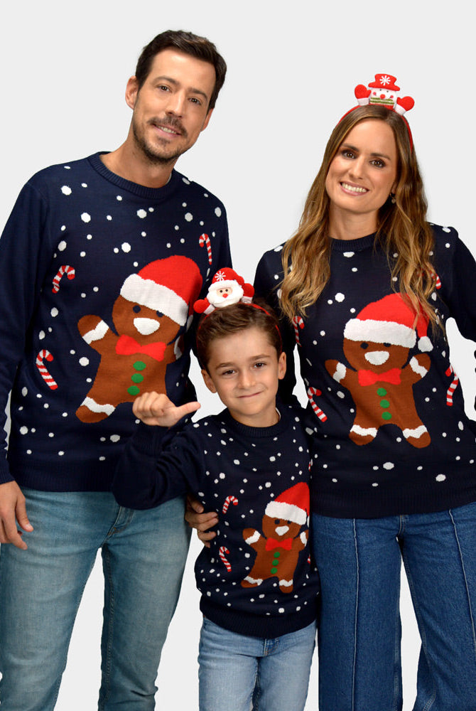 Suéter de Navidad para Familia Azul Gingerbread