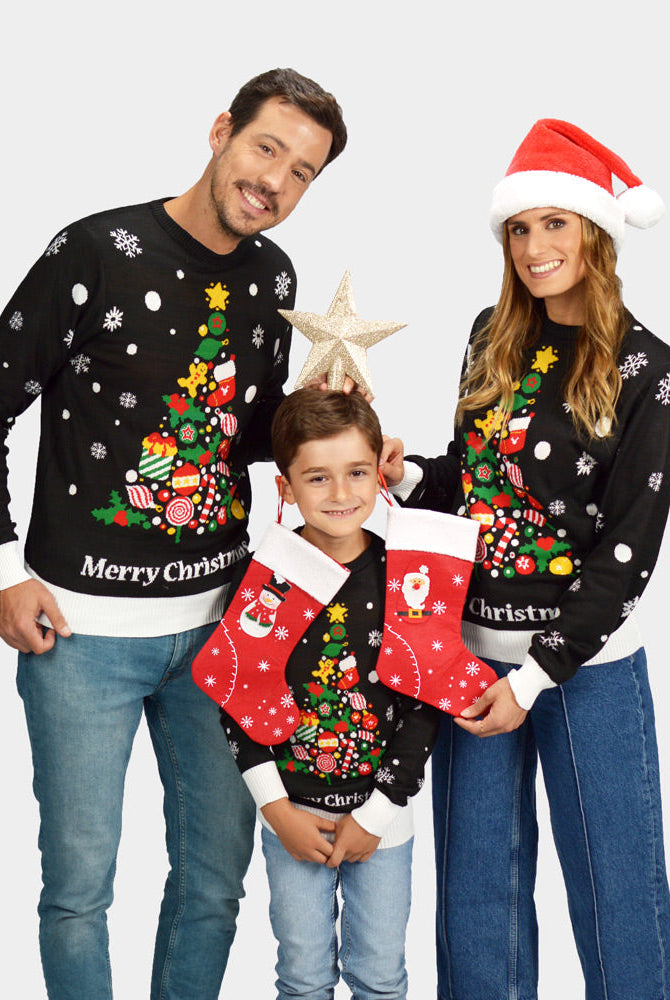 Suéter de Navidad para Familia Negro con Árbol de Navidad