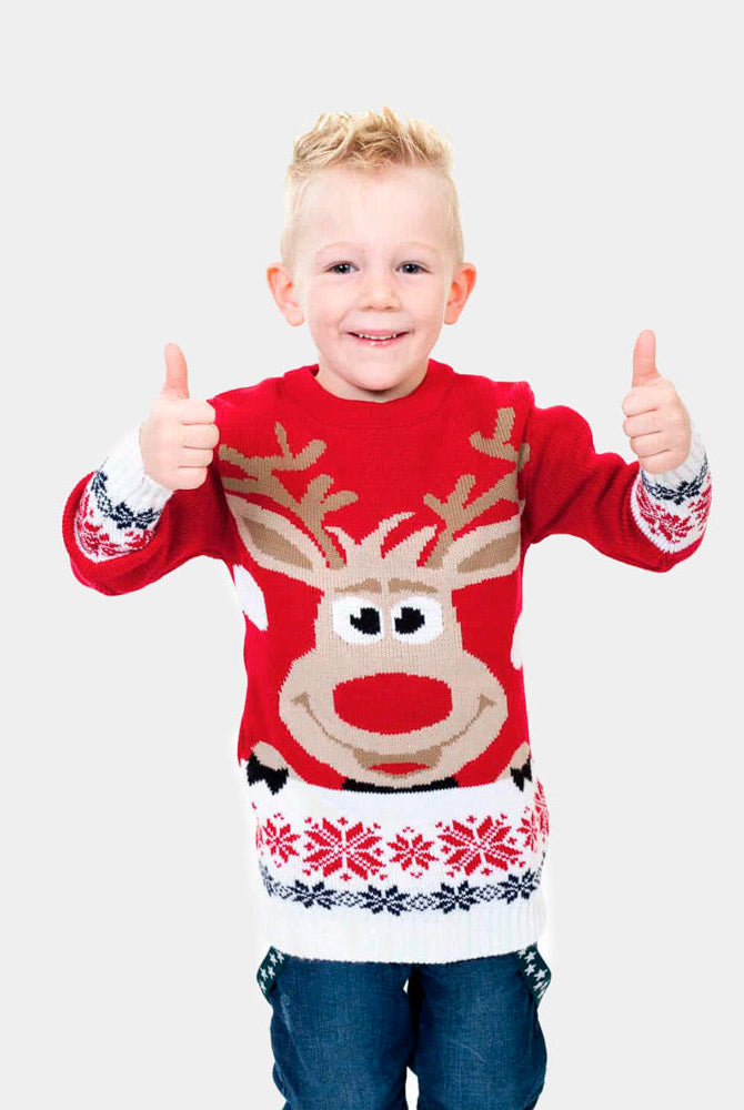 Suéter de Navidad Familia y Niño Rojo con Reno