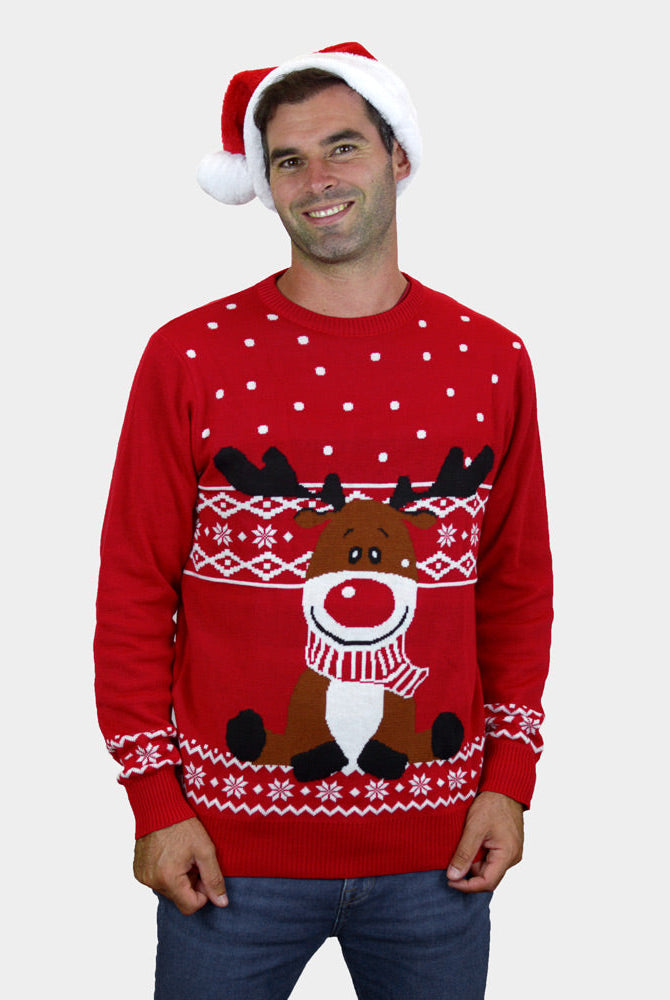 Suéter de Navidad para Familia Rojo Reno Rudolph Bufanda hombre