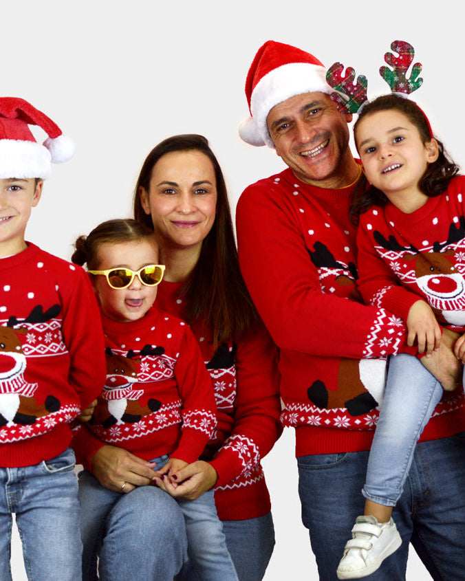 Suéter de Navidad para Familia Rojo Reno Rudolph Bufanda