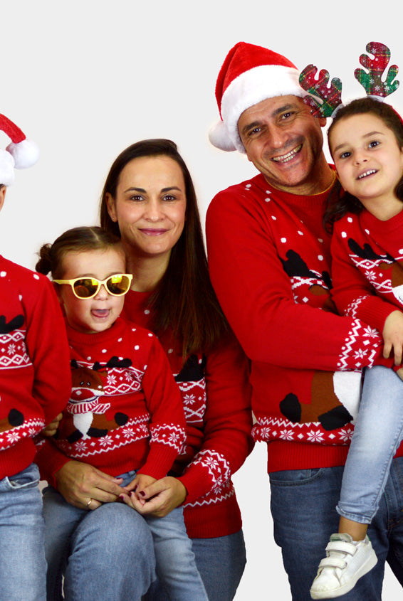 Suéter de Navidad para Familia Rojo Reno Rudolph Bufanda