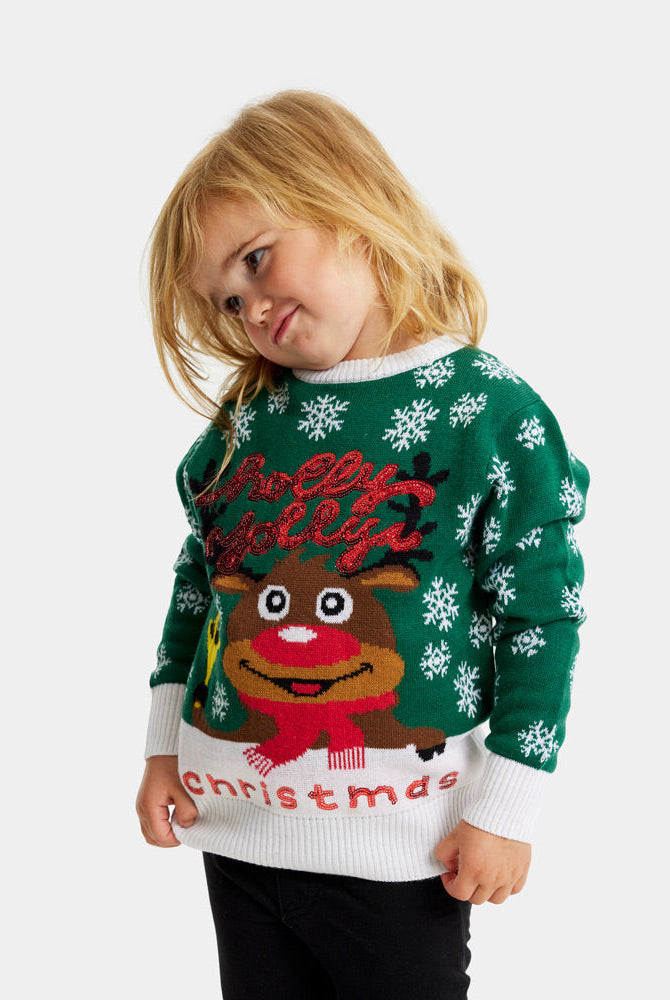 Suéter de Navidad para Familia Verde Holly Jolly Lentejuelas Niños