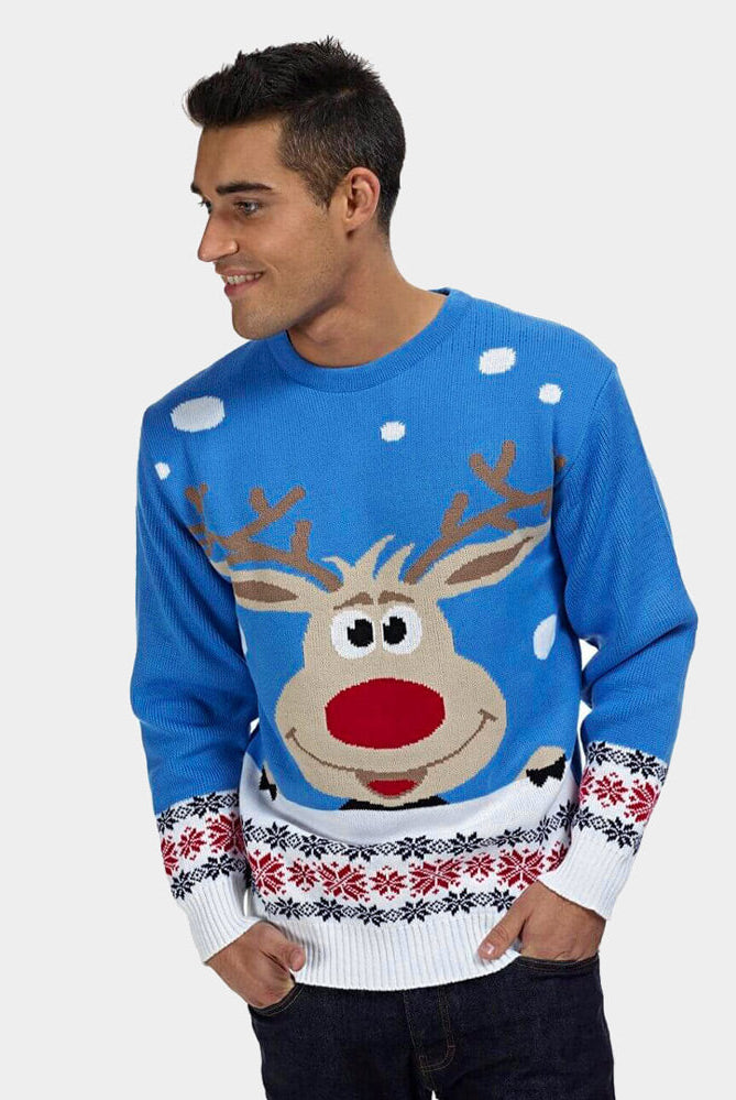 Suéter de Navidad para Hombre Azul Claro con Reno y Nieve
