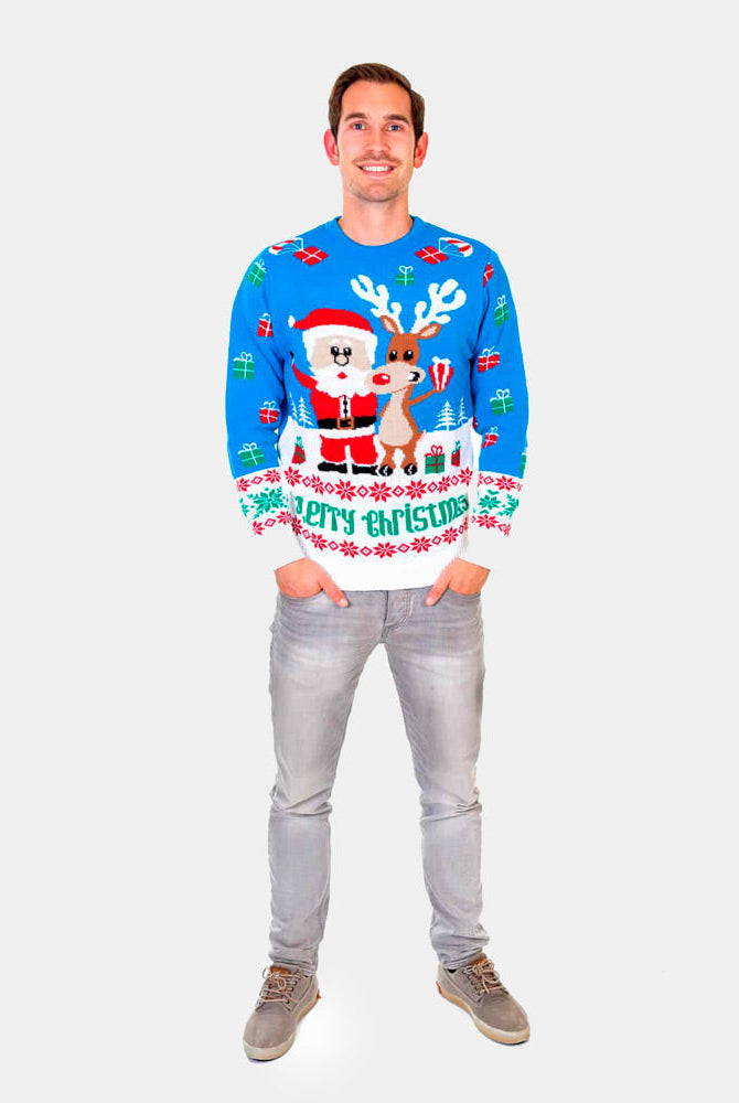 Suéter Navideño Hombre Azul Claro Cielo Reno y Papá Noel
