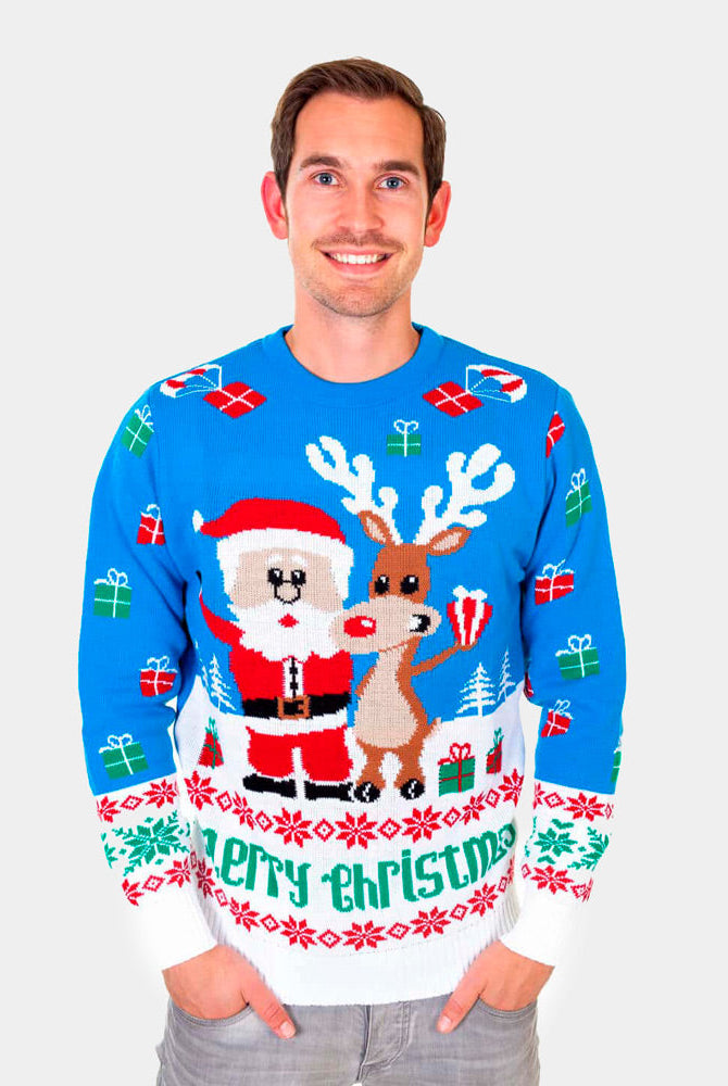Suéter Navideño Hombre Azul Claro Cielo Reno y Papá Noel