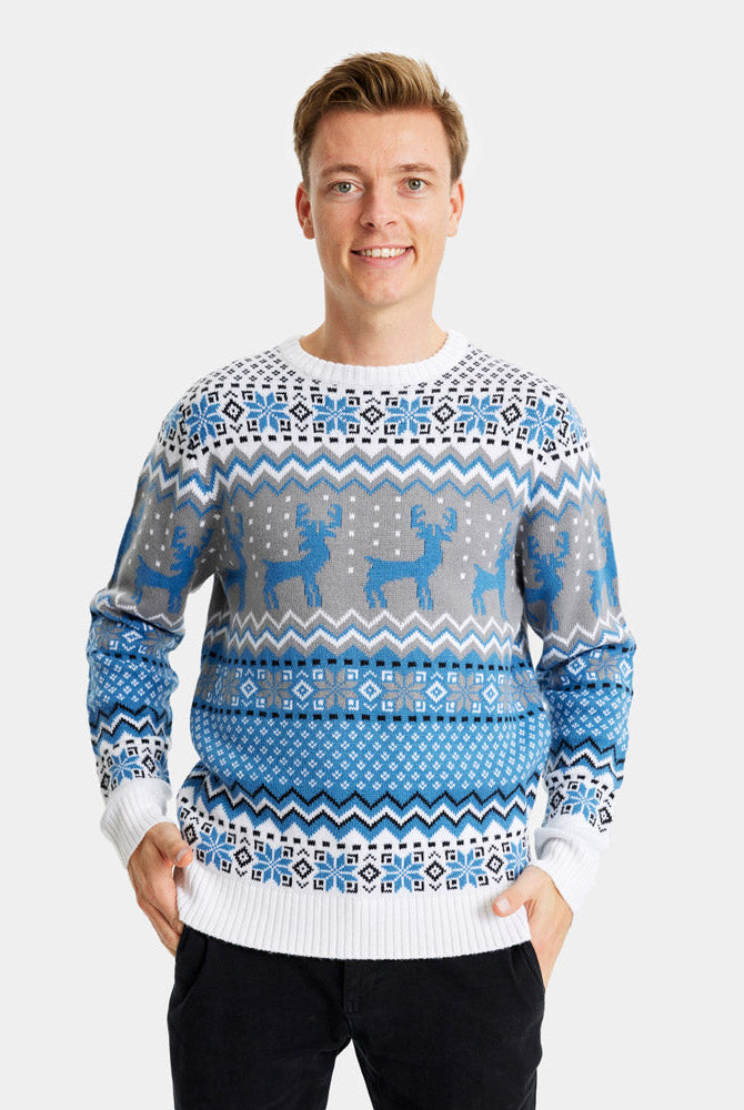 Suéter de Navidad para Hombre Blanco, Gris y Azul con Renos Elegante Hombre