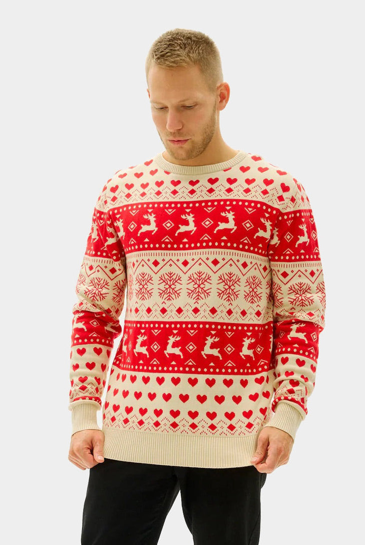 Algodón Orgánico Suéter de Navidad para Hombre Corazones Rojos y Beige