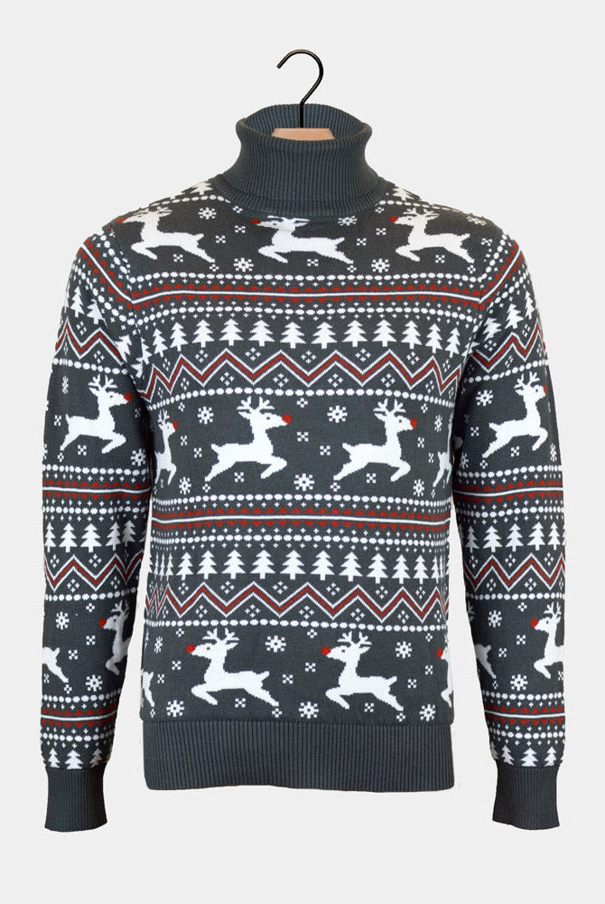 Suéter de Navidad Hombre de cuello alto Gris Renos Algodón Orgánico