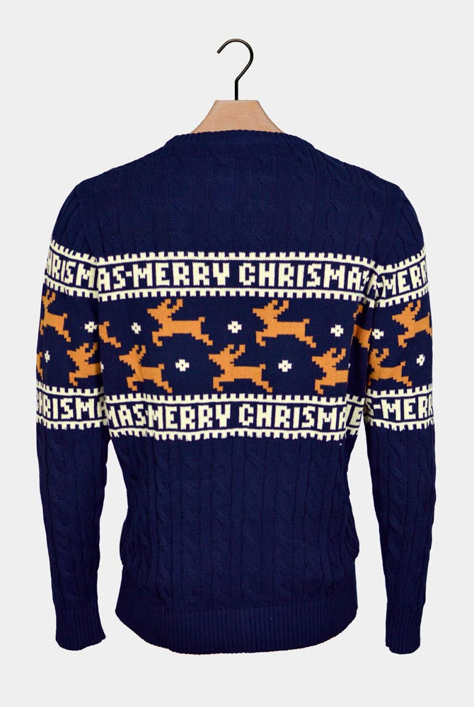 Suéter de Navidad para Hombre Elegante Azul con Renos Espalda