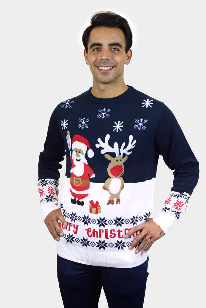 Suéter de Navidad para Familia Azul Papá Noel y Reno Rudolph hombre