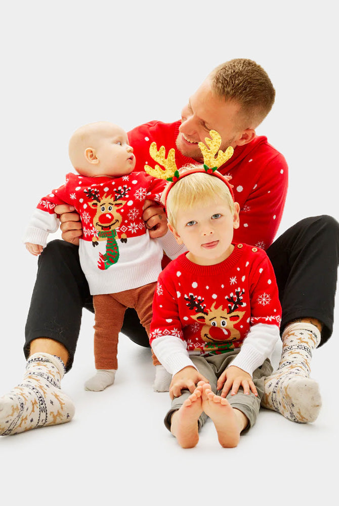Suéter de Navidad Hombre y Niños Familia Reno con Bufanda