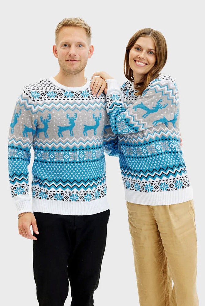 Suéter de Navidad para Hombre y Mujer Blanco, Gris y Azul con Renos Elegante