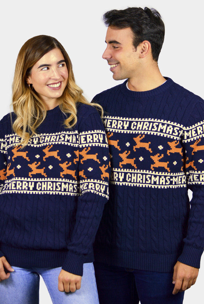 Suéter de Navidad para Hombre y Mujer Elegante Azul con Renos